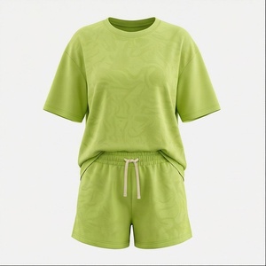 Conjunto de 2 Piezas para Mujer, Camiseta de Manga Corta Verde Sólida Tejida y Pantalones Cortos por Encima de la Rodilla, Estilo Casual Holgado para Primavera/Verano - Product Image 2