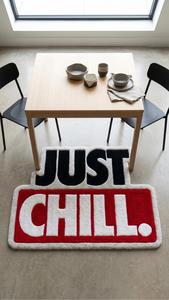Alfombra de Lana Premium con Diseño Tipográfico 'Just Chill', Hecha a Mano, Antideslizante, en Rojo, Negro y Blanco, Diseño Decorativo - Product Image 2