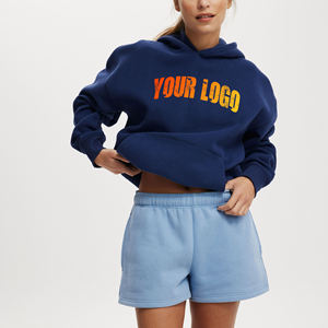 Nouveau sweat à capuche court bleu marine pour femme avec logo orange imprimé, en molleton, manches longues, décontracté, pour l'automne, avec poches - Product Image 1