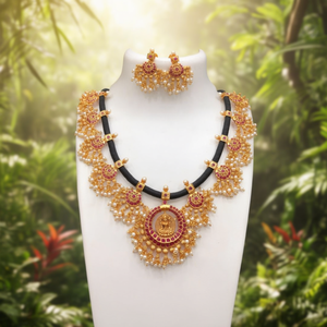 Nagas Black Thread Style Matte <b>Necklace</b> Set with <b>Ruby</b> Stone and Pearls - Product Image 3