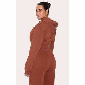 <b>Women's</b> Rust Hooded Cropped Sweatshirt <b>Set</b> Full Sleeve Loose Fit Casual 2-Piece Outfit With Ruffles Knitted Cotton Pants - Product Image 3