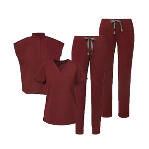 Uniformes Médicos Premium Color Borgoña - Blusa Médica con Cuello Alto y Pantalones Cargo - Ropa de Enfermería al Por Mayor de Alta Elasticidad - Product Image 2