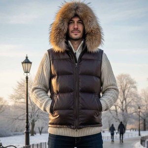 Gilet en cuir matelassé respirant pour homme, style motard, avec capuche en fourrure de renard, coupe-vent, pour l'automne - Product Image 2