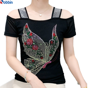 Camiseta de Mujer con Hombros Descubiertos, Manga Corta, Color Sólido, Adorno de Mariposa con Pedrería, Cuello Cuadrado, Corte Ajustado, Transpirable, Tejido de Punto, para Verano - Product Image 5