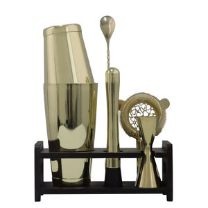 Juego de herramientas de bar de acero inoxidable plateado con soporte de madera, kit de barman moderno y duradero para la preparación de cócteles. - Product Image 2