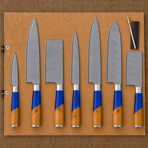 Ensemble de 7 couteaux de cuisine en acier Damas, style Viking, faits à la main, couteaux de chef professionnels, manches en bois et résine - Product Image 4