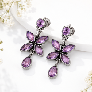 Handmade <b>Oxidized</b> Silver Amethyst Floral Dangle Earrings Women Fashion Jewelry Manufacturer - Product Image 1