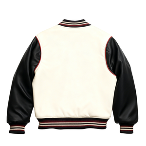 Men's Varsity <b>Jacket</b> Cream Black PU <b>Leather</b> Sleeve Cartoon <b>Dog</b> Embroidery Front Casual Wear - Product Image 3