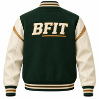 Veste universitaire de qualité supérieure vert foncé avec manches en cuir crème, accent brun, patch lettre personnalisé