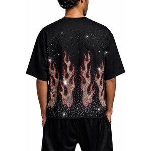 T-shirt homme tendance Y2K, design personnalisé avec strass, coupe oversize, style hip-hop streetwear, coton épais, noir, imprimé graphique. - Product Image 2