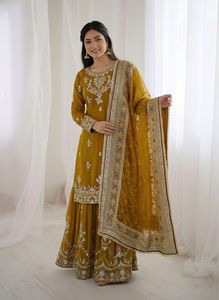 Party Traditional Indian Festive Faux Georgette Top with Embroidery Sequence Work Palazzo and Dupatta with Heavy Embroidery Work - Product Image 5