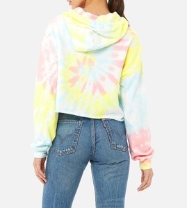 Sweat à capuche femme 100% coton de haute qualité manches longues fermeture éclair personnalisé tie-dye haut court automne/hiver Streetwear col à capuche avant - Product Image 3