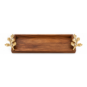 Plateau de service en bois de luxe avec accent floral en laiton antique, plateau décoratif artisanal en bois pour table basse et service hôtelier - Product Image 2