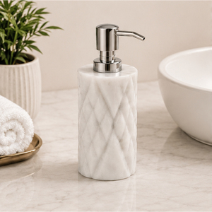 Stylish Design White Marble Soap Dispenser with Diamond Pattern Texture Handwash <b>Pump</b> Bottle for Modern Bathroom and Hotel - Product Image 2