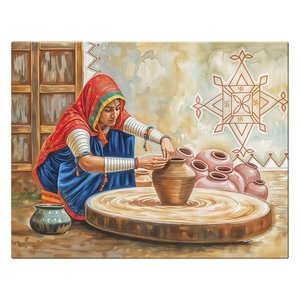 Acrylic Hand-made Paper Woman Making Pots <b>Indian</b> Village Scene Wall <b>Art</b> Painting Depicting Traditional Rajasthani Woman Shaping - Product Image 2