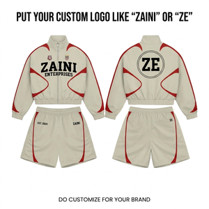 ชุดเซ็ตเสื้อแจ็คเก็ตกันลมและกางเกงขาสั้นสำหรับผู้ชาย ZAINI รุ่นพรีเมียม ผลิตจากผ้าโพลีเอสเตอร์ทาสลอน สำหรับฤดูหนาว สีแดงตัดต่อ พร้อมบริการสกรีนพิมพ์ลายปักแบบกำหนดเอง แห้งเร็ว - Product Image 1