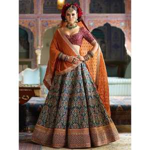 Lehenga Choli semi-cousu brodé de couleur bleu-rouge flamboyant pour mariage par Zeel Clothing - Product Image 2