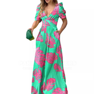 Vestido de Verano Ecológico para Mujer, Estampado, Cuello en V, Manga Corta, Cintura Ajustada, Largo hasta el Suelo - Product Image 3