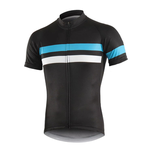 Maillot de cyclisme noir sur mesure en gros avec rayures bleues et blanches, manches courtes et fermeture éclair, pour homme - Product Image 6