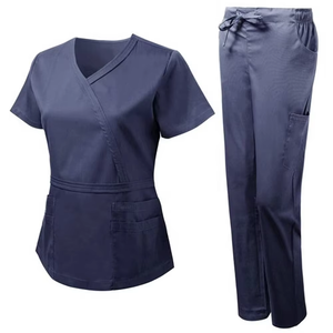 Conjunto de Uniforme Médico Unisex Azul Marino, Camiseta de Manga Corta con Cuello en V y Bolsillos, Pantalones con Cordón, Uniformes de Hospital, Tela Tejida de Spandex/Poliéster - Product Image 1