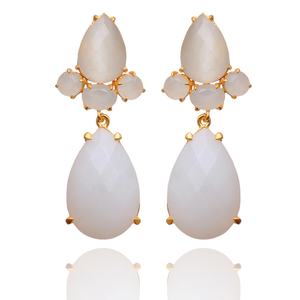 Luxury Trending Natural White Quartz Faceted Gemstone Prong Set 18K <b>Gold</b> Plated Solid 925 Sterling Silver <b>Dangle</b> Women <b>Earrings</b> - Product Image 2