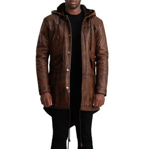<b>Men's</b> Brown Genuine Leather Hooded Parka Fur Lined Drawstring <b>Long</b> Zipper <b>Overcoat</b> - Product Image 5