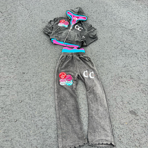 Custom Sweatsuit Distressed <b>Embroidery</b> Patchwork Two Piece <b>Set</b> Heavyweight Acid Wash Stacked Pants and Hoodie Tracksuits for Men - Product Image 2