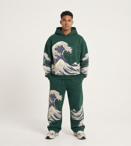 <b>Men's</b> <b>Maroon</b> Wave Print <b>Hoodie</b> and Sweatpants Set Streetwear Autumn Tracksuit - Product Image 5