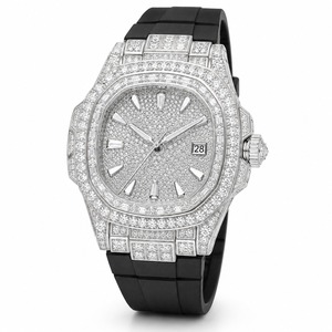 Montre de luxe pour homme avec diamants, boîtier en acier inoxydable polygonal, bracelet en caoutchouc, affichage analogique de la date à quartz - Product Image 1