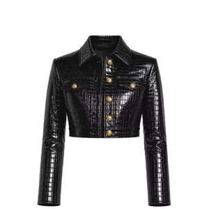Chaqueta de Cuero Negra para Mujer, Estilo Trucker, Corte Recortado, Manga Larga, Cuello Camisero, Color Sólido, Estilo Otoñal, Patrón Grabado Tipo Cocodrilo - Product Image 5
