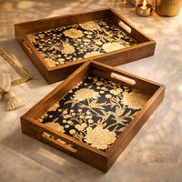 Plateau de rangement rectangulaire en bois avec doublure florale, design empilable, style moderne et luxueux, finition polie, compatible lave-vaisselle, pour usage en cuisine