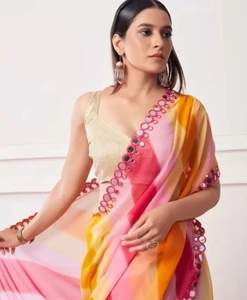 Sari de Rayón Georgette Liso/Sólido de Diseño KV para Fiesta (Multicolor, Sin Arrugas, Reversible) - Product Image 4