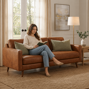 Midcentury Modern Genuine Leather Three Seat <b>Sofa</b> <b>With</b> Wooden Legs Tight Back Straight Arms Living Room Furniture Leather <b>Sofa</b> - Product Image 5
