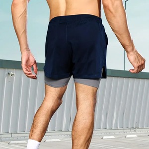 Shorts de sport pour homme à double couche avec poches, séchage rapide, taille à cordon de serrage, bleu marine uni, doublure de compression, longueur courte - Product Image 2