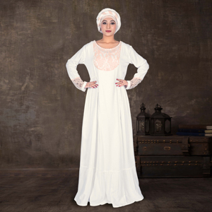 Kaftan modeste en rayonne avec empiècements en dentelle Rasel, détails aux poignets, ourlet froncé doux, grande taille, longueur au sol, silhouette fluide pour l'Aïd - Product Image 1