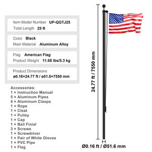 Kit Asta Portabandiera Sezionale in Lega di Alluminio Rinforzata da 7,6 m (25FT) con 3 Modalità di Visualizzazione, per Bandiere 3x5 da Esterno, Giardino e Prato - Product Image 6
