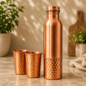 Ensemble cadeau de bouteille d'eau en cuivre pur de haute qualité avec deux verres martelés, réutilisables, pour le sport, récipient d'hydratation en métal - Product Image 5