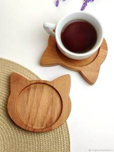 Juego de Posavasos de Madera con Forma de Gato, Diseño Animal Tallado, Base para Bebidas, Taza de Café, Protector de Superficie de Mesa - Product Image 1