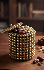 Boîte de rangement cylindrique en métal doré perlé pour fruits secs et dates, conteneur de table en gros - Product Image 5