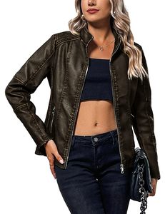 Chaqueta de moto de cuero PU para mujer, ligera, con cuello alto y cremallera, proveedor al por mayor - Product Image 1