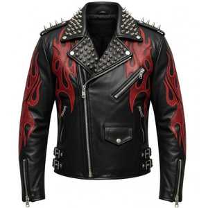 FURAT <b>LEATHERS</b> <b>Mens</b> Distressed <b>Leather</b> <b>Jacket</b> Handmade Biker Motorcycle Coat Fire Sleeve Stand Collar Front Logo Breathable - Product Image 6
