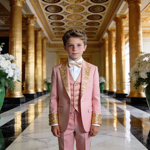 Costume de smoking rose pour garçons avec broderie dorée, ensemble de costume formel pour mariage et fête pour enfants - Product Image 1