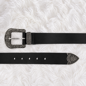 Ceinture en cuir noir style western avec boucle florale gravée en argent, ceinture de cowboy pour hommes et femmes, accessoires de mode en gros pour fournisseurs - Product Image 2
