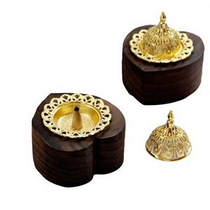 Handmade Brass Incense Burner With Mesh Design Gold Color On Sandalwood Base Aromatherapy Decorative All Season Use - Product Image 6