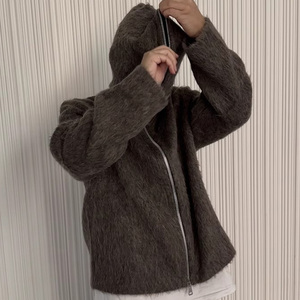 Custom Men Mohair <b>Zip</b> <b>up</b> Hoodie Fuzzy Long Sleeve Knitwear Winter Knitted <b>Cardigan</b> Sweater - Product Image 5