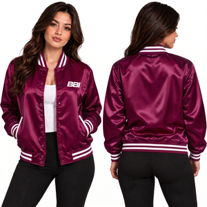 Chaqueta Varsity de Punto Satinado Azul Bebé Personalizada para Mujer, Cierre de un Solo Botón, Exterior Impermeable de Poliéster para Invierno, Ribete Blanco - Product Image 5