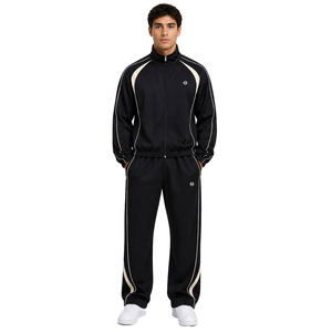 Conjuntos de sudaderas con capucha de cuello alto y cremallera con ribete en contraste, de gran venta, chaqueta de forro polar grueso con paneles raglán, pantalones de pierna ancha de ajuste holgado, MOQ bajo - Product Image 1