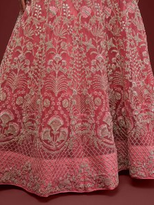 Pink Cotton Embroidered Lehenga Choli with Dupatta Silk Screen Printed Floral Thread Zari Net Suit <b>Wedding</b> Party Wear for Women - Product Image 6
