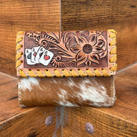 Barat asli desainer tangan Tooled kulit wanita Clutch dompet modis penjualan laris kulit sapi asli dompet tempat kartu ramping