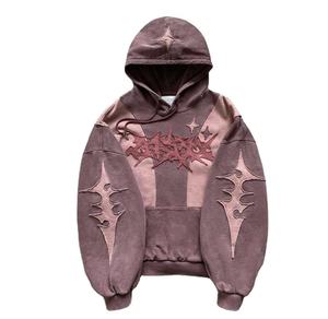 Sweat à capuche personnalisé en coton épais, sans cordon, avec motifs graphiques, patchs coupés et cousus, style streetwear vintage, délavé à l'acide et effet soleil. - Product Image 6